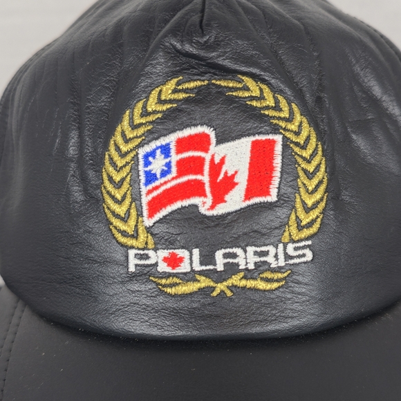 Vintage Polaris Genuine Leather Hat Cap Black Embroidered Hook Loop Buckle - Picture 3 of 7